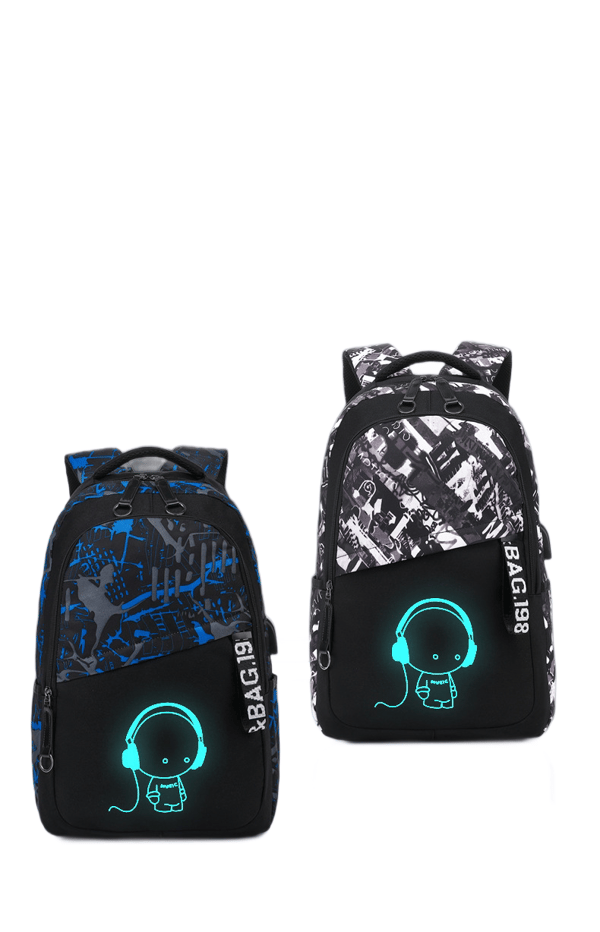 Luminous Cartoon Backpack Large Capacity Multi-Pocket Shoulder Bag - Blue Grey
