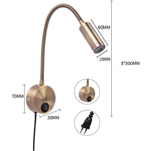 Reading lamp, LED bedside reading lamp with socket, 3W warm white reading lamp with switch, Bronze