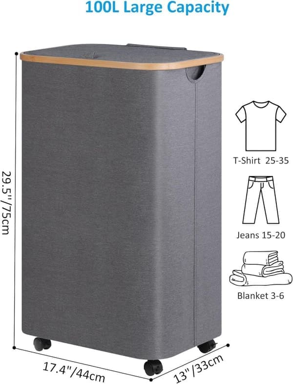 Laundry basket on wheels 100L – Slim laundry basket with lid, bamboo handle & removable bag