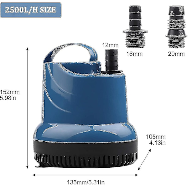 Mini dränkbar vattenpump 2500 l/h 40 W 230 V 2,3 m lyfthöjd 2,5 m kabel för trädgård, akvarium, damm, fontän