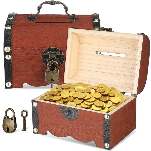 2 st skattkista i trä med lås och nyckel Små penninglådor Förvaringslådor Spargrismynt