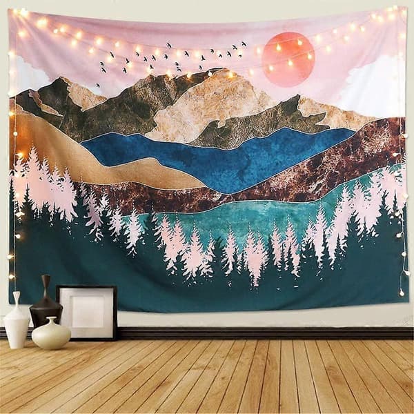 Sunset Tapestry Forest Tree Tapestry Mountain Wall Hanging Psychedelic Nature Landscape Tapestry (L/150X200cm)