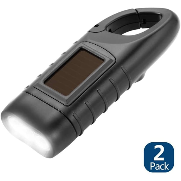 Svart 2-pack LED Solcellslampa Nödlampa Laddningsbar Dynamo Handvev Ficklampa med Karabinkrok Vandring Resa Camping