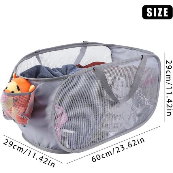 Horizontal Mesh Laundry Hamper. Side Pocket, Handles. Perfect for Laundry Room/Bathroom. Optimal Storage.
