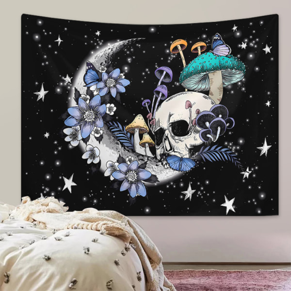 Skalle-Svamp Väggbonad Måne Skelett och Blommor Väggbonader med Stjärnhimmel Estetisk Natt Väggbonad 95×75CM
