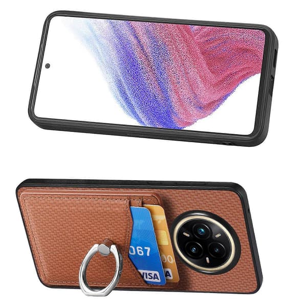 Fodral för Realme 14 Pro 5G med kortplats, ringhållare och stativ (brun)