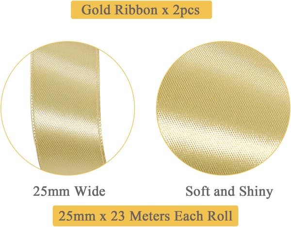 Guld Satängband 25mm, 2 Rullar 44 Meter Solid Color Fabric Ribb