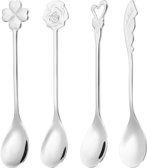 Kaffeskesæt med 4 dele - 4 unikt formede 304 rustfri stål teskeer til espresso, dessert og te, sølv sølv Silver