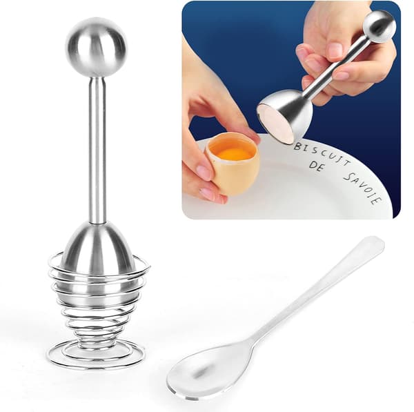 Egg Slicer, Stainless Steel Egg Shell Opener, Egg Opener, Spoon with Egg Stand, Kitchen Utensil for Egg Shell Removal