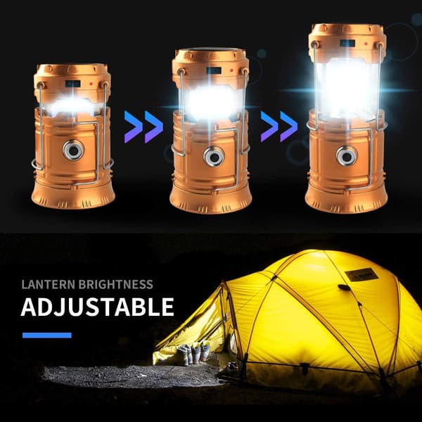 Solar Powered Camping Lantern, Foldable LED, USB-C Rechargeable, Gold