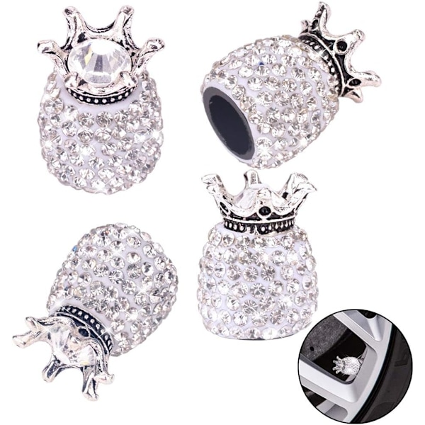 Ventilhatte, 4 stk. Håndlavede Krystal Rhinestone Universelle Bil Dækventilhatte, Attraktive Støvsikre Bling Biltilbehør - Hvid Diamantkrone
