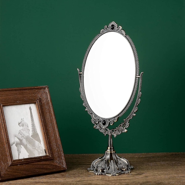 Vintage sminkespeil bordplate ovalt sminkespeil med sokkel Dobbeltsidig svingbart dekorativt elegant speil for benkeskjerm