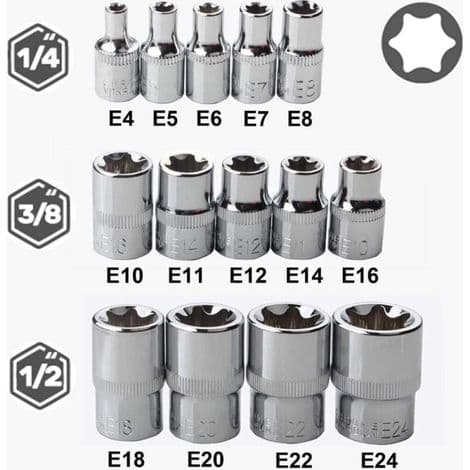 Set med 14 stjärnformade sexkantshylsor, typ E4-E24 (blå)