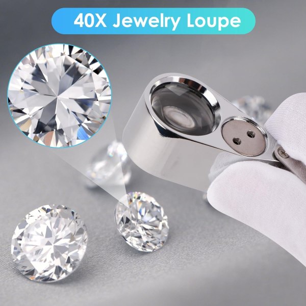 40X Jewelers forstørrelsesglass forstørrelsesglass, LED/UV-belyst smykkeløkke Lomme sammenleggbar forstørrelsesglass med metallkonstruksjon