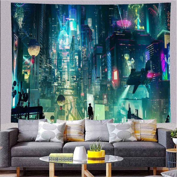 Fantasy Bybilde Veggteppe Futuristisk By Neon Punk Veggdekorasjon Tenåringsgutt Soverom Tepper 60×100CM for Stue Sovesal Sovesal