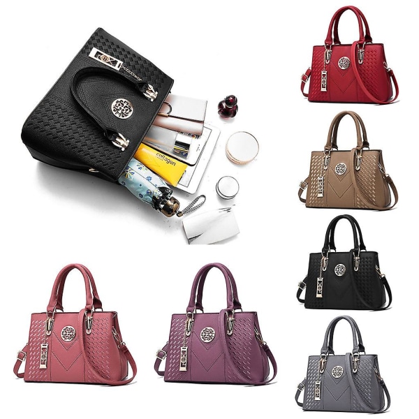 Damväska i Läder, Axelväska, Handväska, Messenger, Satchel, Crossbody, Vinröd