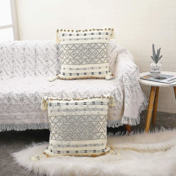 2-pakkauksen Boho-tyylinen tyynynpäällinen, 20 x 20 tuumaa, luonnonpuuvillaa, käsin kudottu, reunustettu, koristeellinen tupsu, sohvaan, sänkyyn, makuuhuoneeseen, olohuoneeseen (keltainen)