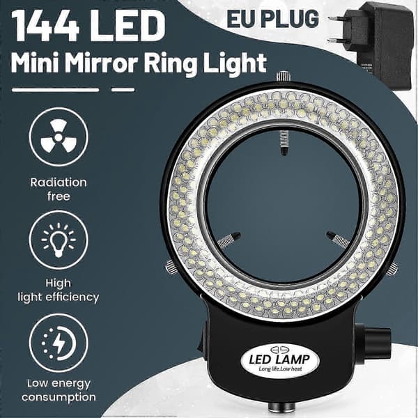 Dimmable 144 LED Ring Light for Microscope with Adjustable Brightness 0-100% Mini Scope Illumination Solution