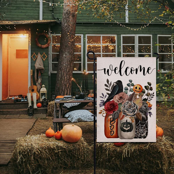 Halloween Tervetuloa Puutarhalippu Kukallinen Kaksipuolinen  Maalaistalon Piha Kausiluonteinen Loma Ulkokoriste 12×18 Tuumaa