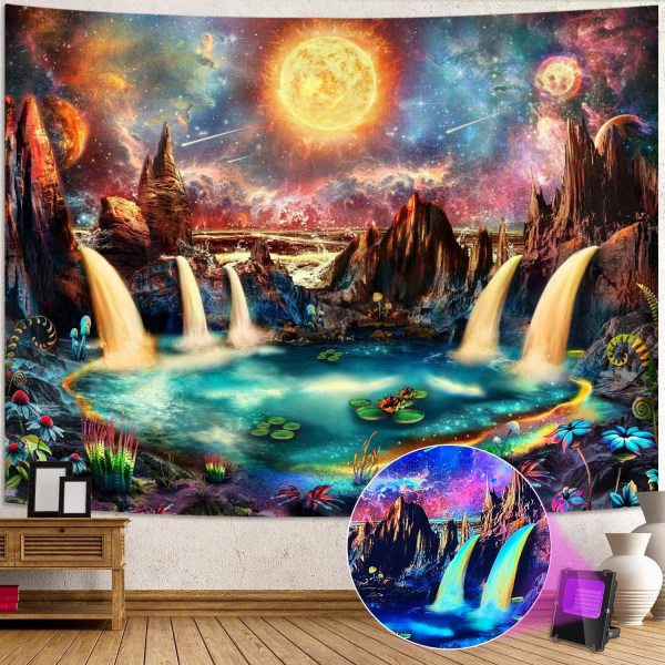 Blacklight Galaxy Tapestry, Burning Sun Space Bjergsø Landskab Gobelin til Soveværelse Vandfald Mystiske Planter Vægophæng