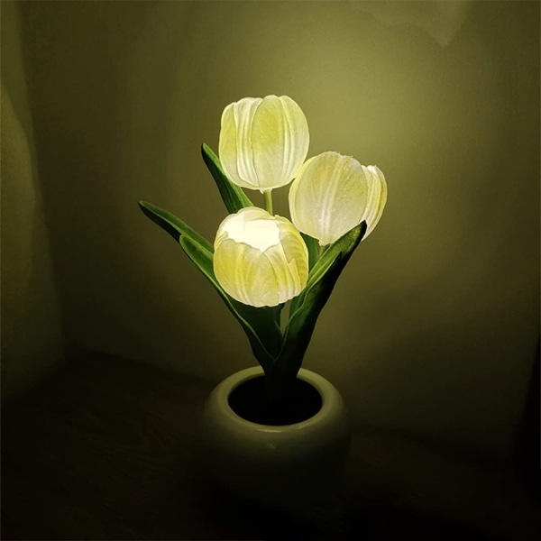 Tulipanattlampe, romantisk gjør-det-selv-ledd tulipanblomstnattlys, kunstig tulipanblomsterpottelys (hvit tulipan)