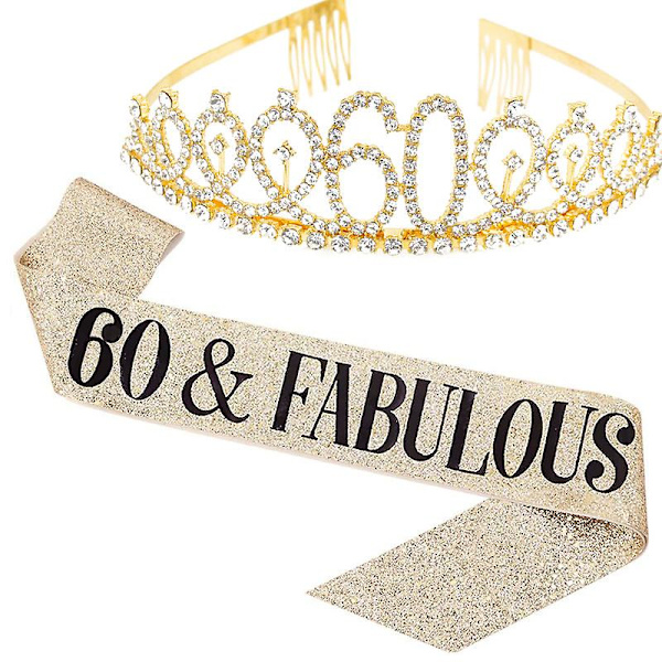 40 And Fabulous Sash Rhinestone Tiara Set - 40-årsdagspresenter Födelsedagssash För Kvinnor Födelsedagsfesttillbehör (Guldglitter Med Svart Text)60 60