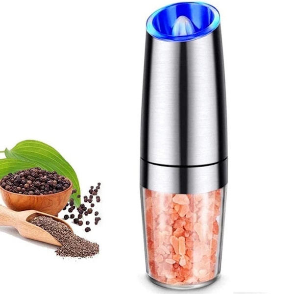 Gravity Salt- og Pepperkvernsett, Pepperkvern med Keramisk Rotor, Akrylbeholder, Rustfritt Stål Midt, Blå LED