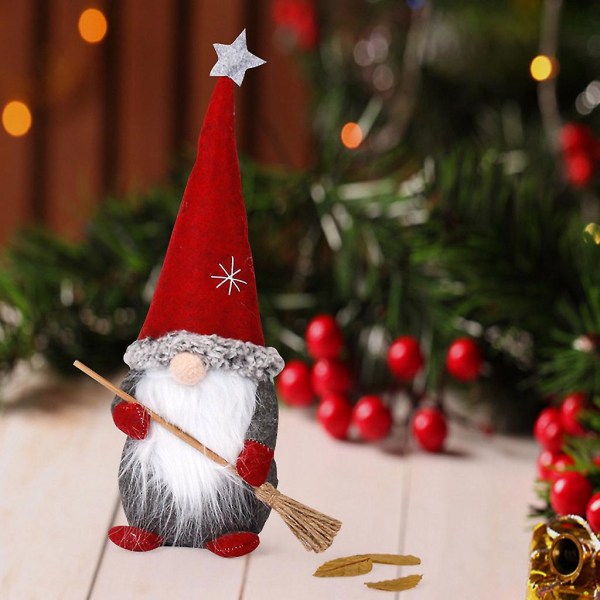 Stående julemand med kost Jul Dværg Gnome Doll Ornament Cute Dw