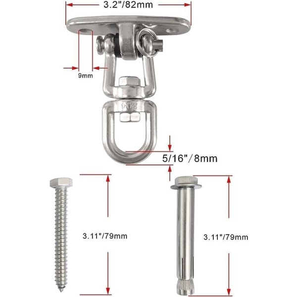 2 Pak Svingophængere Svingkroge, 360° Rotation Heavy Duty Loft Svingmontering Ophængningskroge med Bolteskruer til Veranda Sving