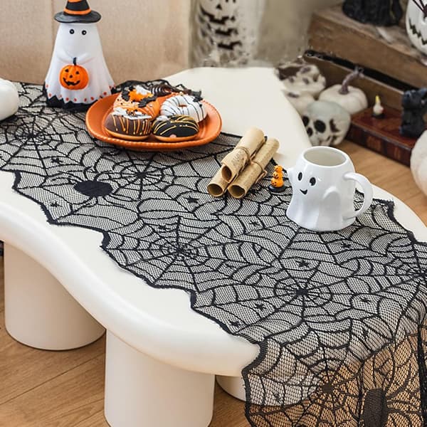 Halloween Table Runner Black Lace Spider Web Tablecloth, Polyester Halloween Table Decorations for Dining Table or Fireplace Mantel 183*45cm