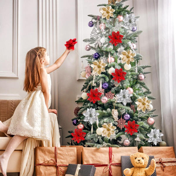 Pakke med 5 14cm Juleglitter Poinsettia Blomsterpynt til Krans Klips Stængler Guld og rød