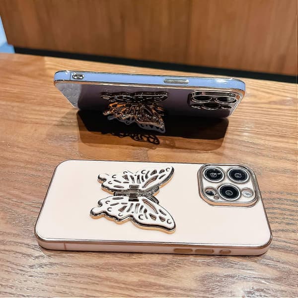 Cover til iPhone 16 Pro Max Sommerfuglestøtte TPU Galvaniseret Telefonbeskyttelse - Rosa