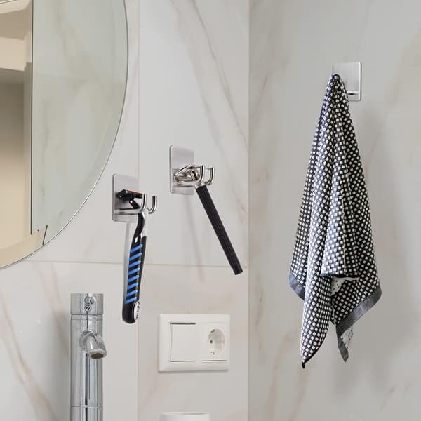 Self-adhesive wall hooks 4-pack silver towel hooks for bathroom shower keys hats strong adhesion waterproof mounting hooks