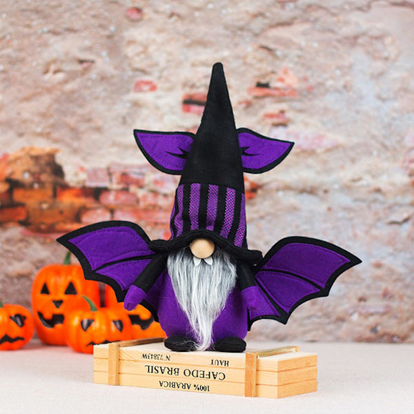 Halloween-tomte med fladdermusvingar och spindelhatt - söt älvdocka, prydnad, hantverk, hem, semester, bord, trappstegsbricka, dekoration, skägg