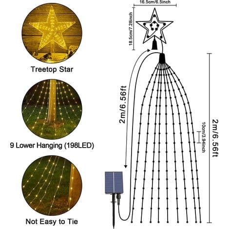 Christmas Tree String Lights, 9 Strands 2M 198 LED Solar Powered Indoor/Outdoor Lights, 8 Modes with Remote Control