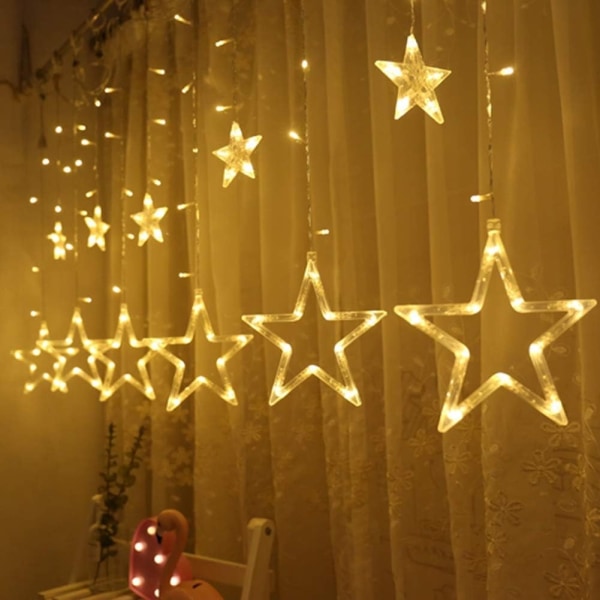 Twinkle Star 12 stjerner 138 LED-gardinlys, vindusgardinlys med 8 blinkende moduser Ramadan-dekorasjon for bryllup (varm hvit)
