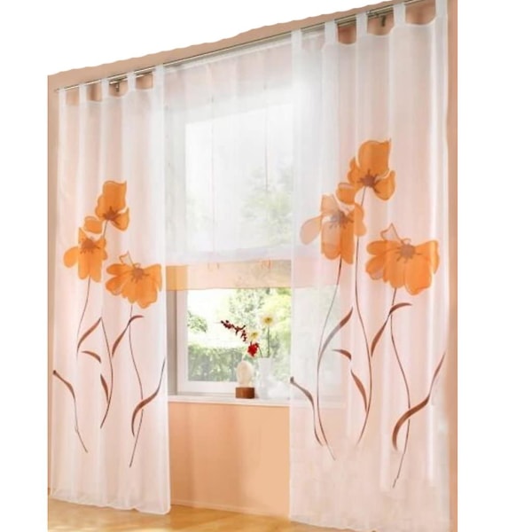 2 stk. Gardinscarf Gardin Trykte Blomster Gardin Til Stue Soveværelse Loop Scarf, Bredde 150cm / Højde 225cm, Orange