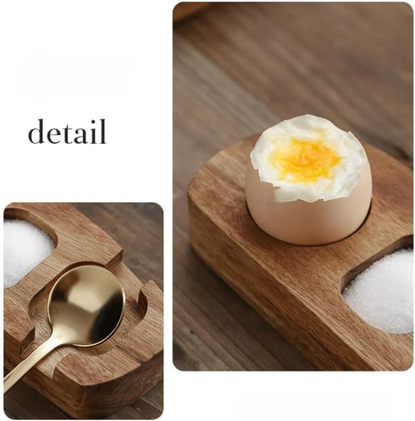 Egg Tray in Acacia Wood Egg Cup Holder Egg Shell Cup Egg Rack for Boiled Eggs Breakfast Serving (with spoon)(Ho)