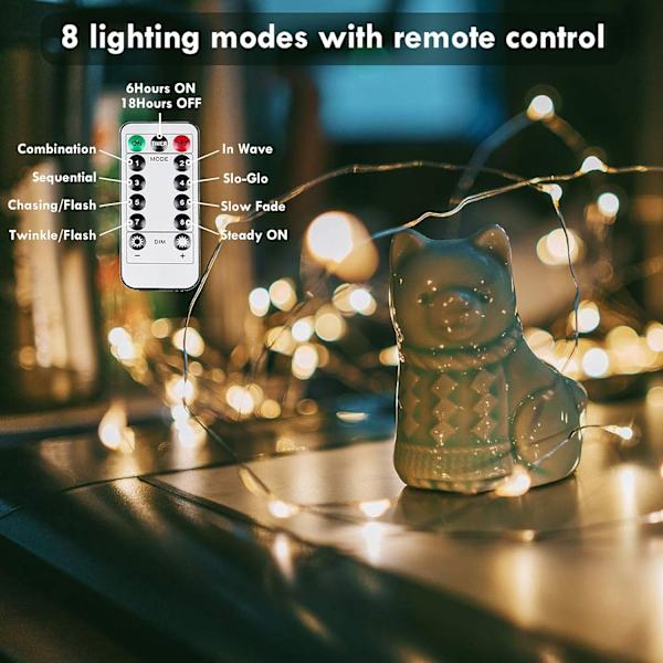 【Timer & Fjernbetjening】3-pak 33FT 100 LED Fe-lys Batteridrevet, Varmt Hvidt Lysstreng med Fjernbetjening til Soveværelse, Vandafvisende 8