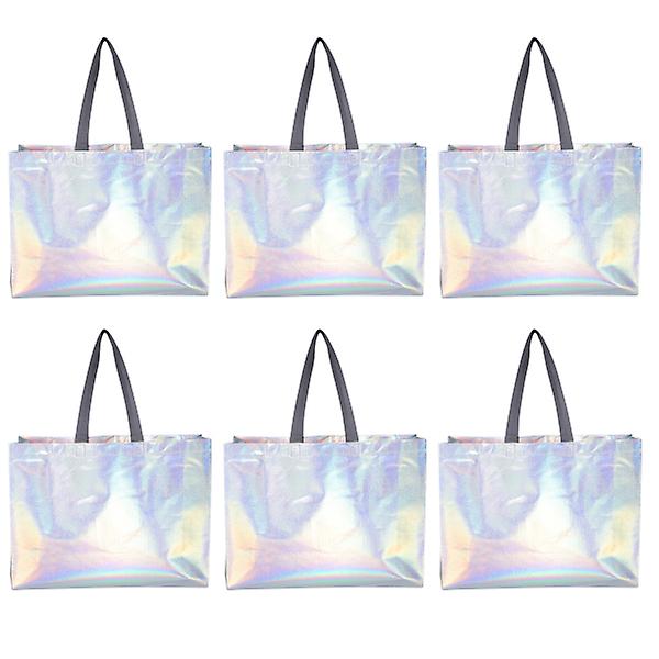 6 stk Strandveske Tote Iridescent Gaveposer Gjenbrukbare Gaveposer Foldbare Gaveposer Iridescent Vesker Håndtak Silver 40x30cm