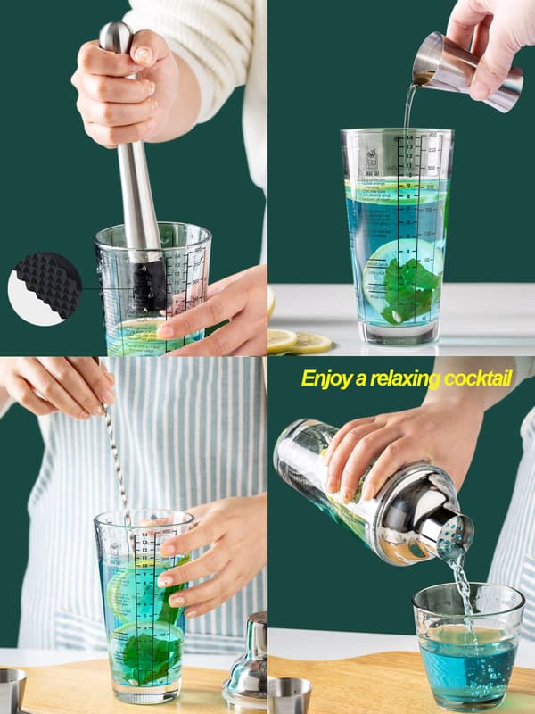 Glascocktailshaker, Martinishaker trykt med 6 drinkopskrifter, Målt glasblander Bedste gave til Begi