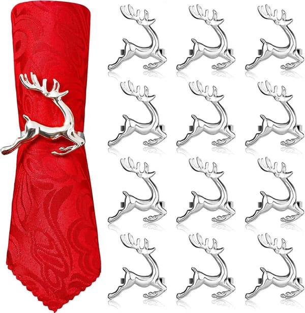 12 st julren-servettringar, 6 cm silverhjort-servett