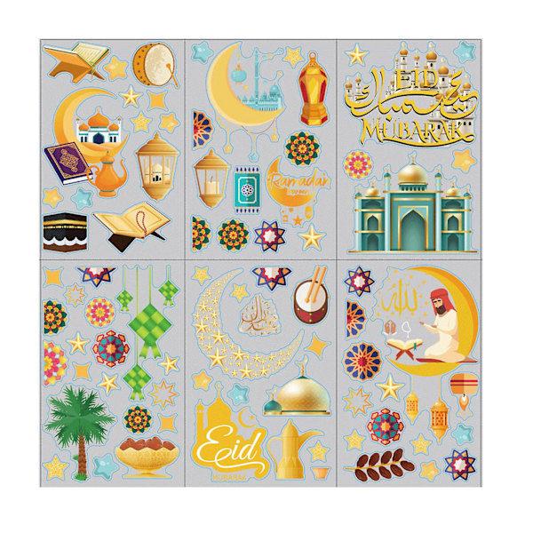 Mubarak Sticker Sæt med 9 PVC Statiske Månestjerne Slot Dekaler til Festdør Glasvindue