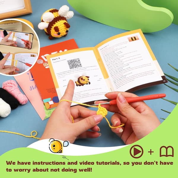 Beginner Crochet Kit, Cute Bee Crochet Kit, for Beginner Adults with Step-by-Step Video Tutorial for DIY Crafts, Little Bee