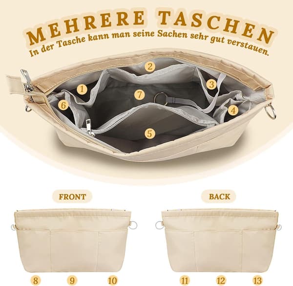 Felt Handbag Organizer - Bag Insert with Keychain and Inner Pockets - Beige L Size Bag Organizer m