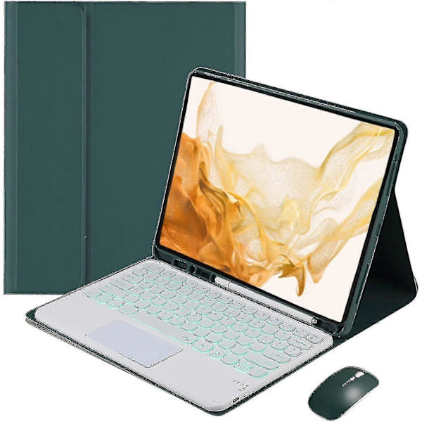 Belyst tastaturcover til Galaxy Tab A8 10,5 tommer 2022, aftageligt trådløst touchpad-mus, 7 farver baggrundsbelysning, slankt og let PU-læder Dark green