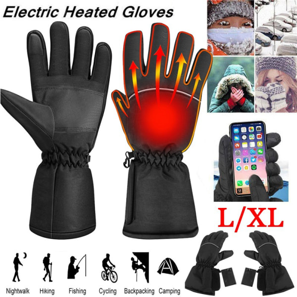 Oppvarmede hansker, elektriske vinterhansker for menn kvinner, svart L automatisk termostat og berøringsskjerm og vanntette for alle pårørende