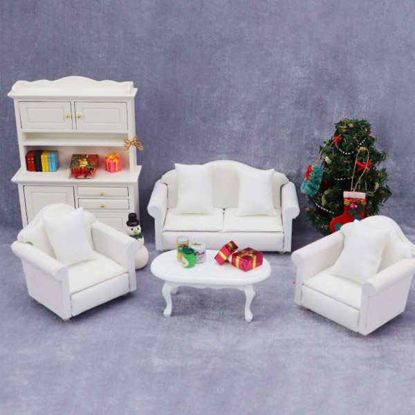 1 Sett Dukkehussofa Miniatyr Sofa Mini Dukkehuss Møbler Modell Med Pute Hvit 13.5x6.4x7.2cm