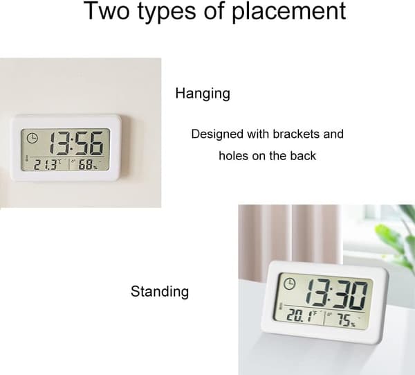 Electronic Thermometer Hygrometer, Small Clock with Temperature and Humidity Display (℃/℉), 12/24 Hour Time Switch, Slim Battery