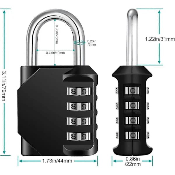Combination Padlock, 4-Digit Combination Padlock, Gym Lock, School Lock, Weatherproof Outdoor Combination Lock (Black)